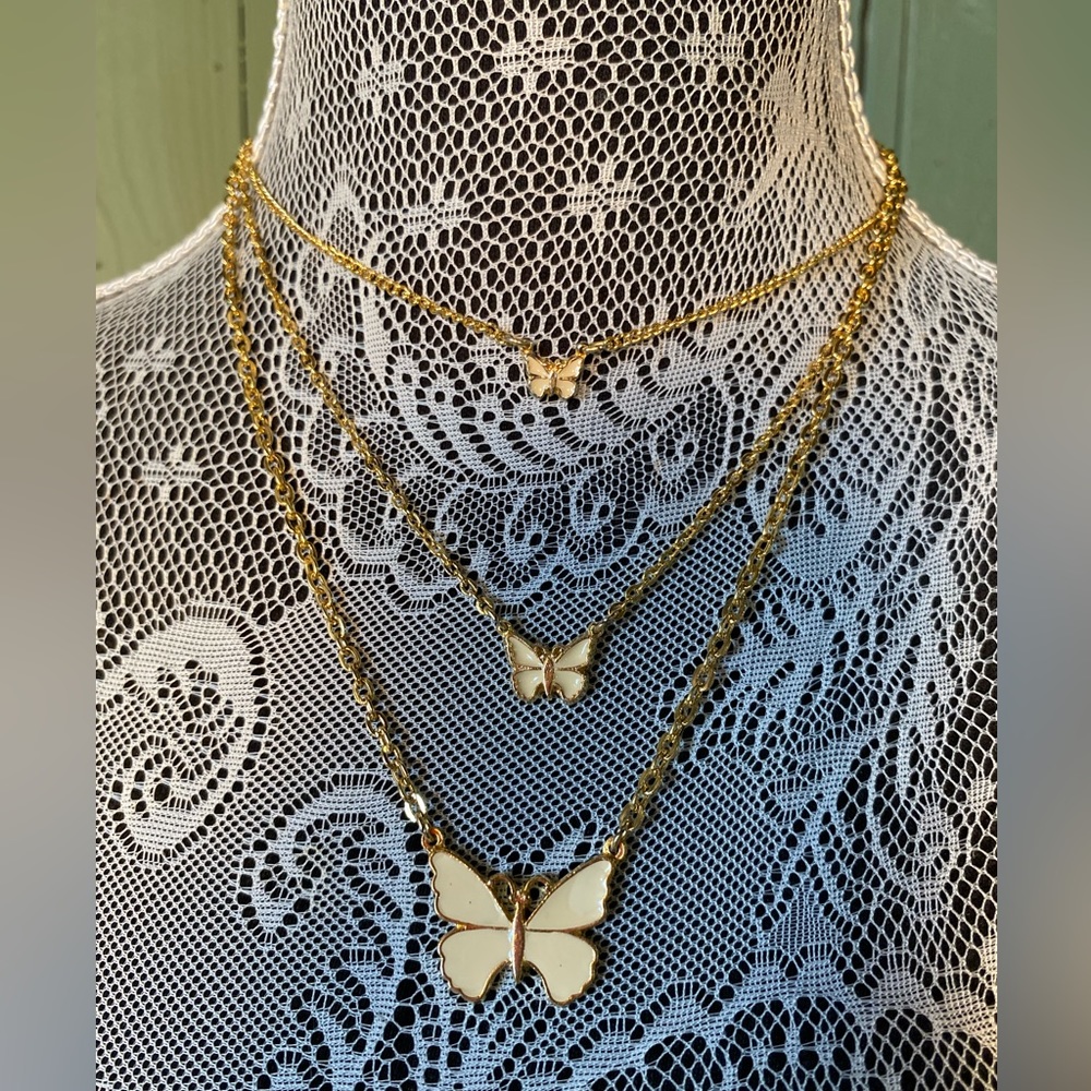Super Cute Gold and White Enamel Butterfly Stacked Necklace